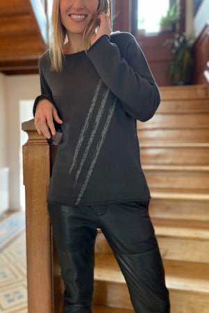 sweat femme col rond evase molleton bio forme droite noir print graphique easy suny