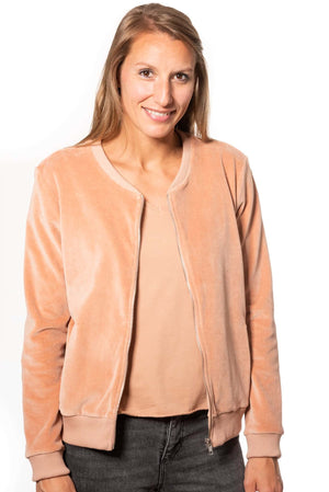 Blouson pour femme avec zip en velours lisse bio certifié GOTS eco-responsable vieux rose rose doux rose ancien rose pâle