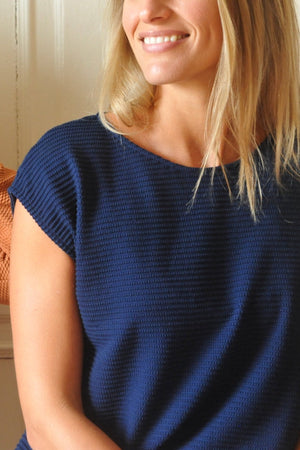 T shirt femme manche courte coupe droite uni coton bio GOTS eco responsable col rond évasé bleu marine, bleu foncé