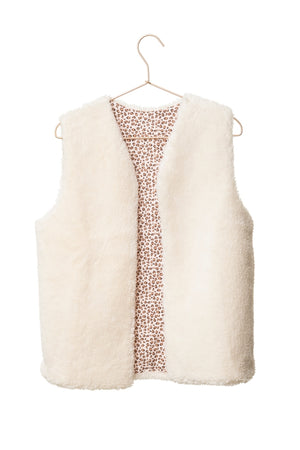 Gilet réversible sans manche en moumoute fausse fourrure veste de berger femme matière upcyclée écru caresse réversible éponge bouclette léopard rose poudre
