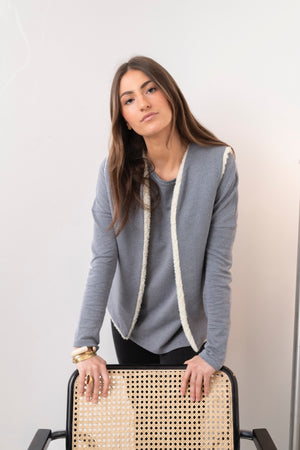 T shirt femme col rond evase manche longue coton upcyclé forme oversize jacquard bleu et gilet reversible dakota