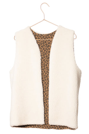 Gilet réversible sans manche en moumoute fausse fourrure veste de berger femme matière upcyclée écru caresse réversible éponge bouclette léopard havane