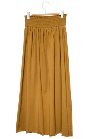 Jupe mi-longue femme fluide smock à la taille jupon smocké jersey de coton bio GOTS éco-responsable robe bustier robe de plage marron havane brun