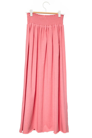 Jupe longue femme fluide smock à la taille jupon smocké jersey de coton bio GOTS éco-responsable robe bustier robe de plage rose rouge framboise