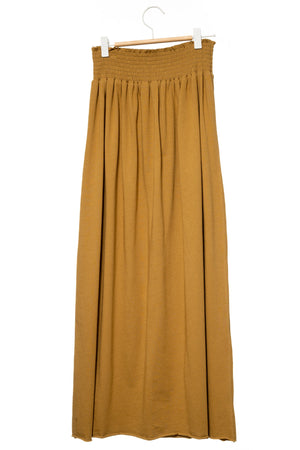 Jupe longue femme fluide smock à la taille jupon smocké jersey de coton bio GOTS éco-responsable robe bustier robe de plage havane, tabac, marron