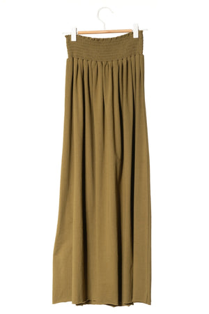 Jupe longue femme fluide smock à la taille jupon smocké jersey de coton bio GOTS éco-responsable robe bustier robe de plage vert kaki