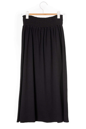 Jupe mi-longue femme fluide smock à la taille jupon smocké jersey de coton bio GOTS éco-responsable robe bustier robe de plage couleur noir, charbon, noir intense