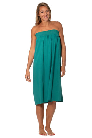 Jupe longue femme fluide smock à la taille jupon smocké jersey de coton bio GOTS éco-responsable robe bustier robe de plage vert émeraude, vert intense, vert lumineux, vert canard, vert bleu, vert vif, vert profond