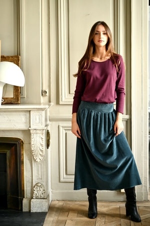 Suny minuit jupe longue velours 100% coton bio vert canard