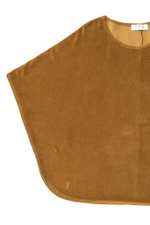 Pull cape manche chauve souris en velours bio certifié GOTS pour femme col rond évasé havane tabac marron