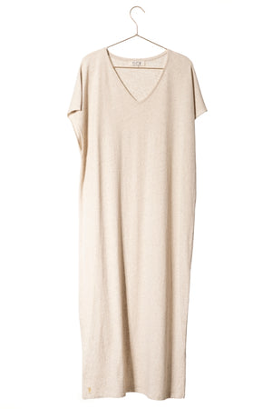 robe longue et fluide en lin et coton upcyclée avec ceinture col V manche courte écru fendue sur le côté