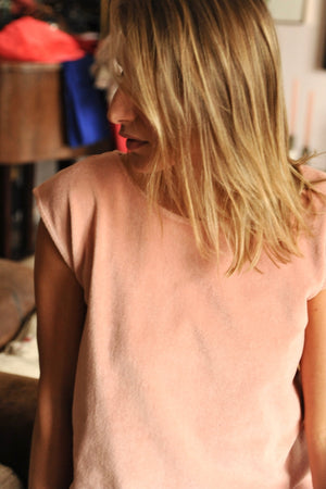 T shirt femme éponge bouclette manche courte coupe droite uni coton bio GOTS eco responsable col rond évasé vieux rose rose rose doux rose ancien rose pâle