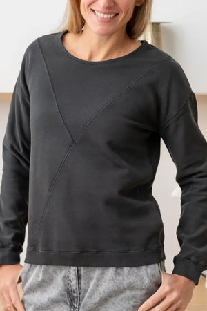Pull sweat ajusté col rond pour femme en coton bio GOTS eco responsable marque suny noir vieillie fade out