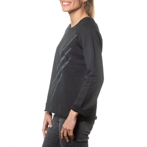 sweat femme col rond evase molleton bio forme droite noir print graphique easy suny