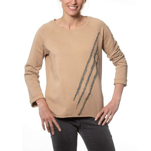 sweat femme col rond evase molleton bio forme droite beige print graphique easy suny
