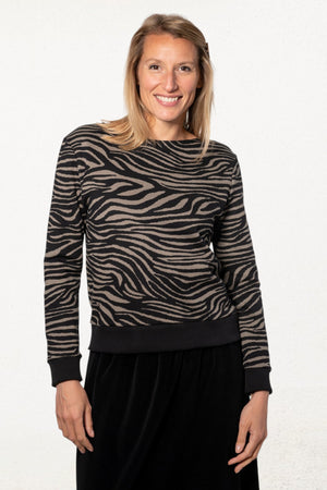 Cosy suny sweat shirt à rayures imprimé zèbre pull femme coton bio gris kaki