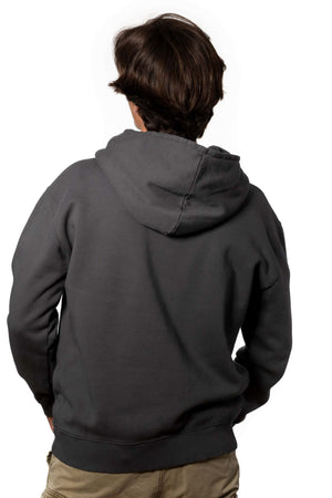 Sweat shirt basique homme coupe droite manche longue et bord-côte aux poignets et bas de corps capuche coton biologique certifié GOTS molleton anthracite gris foncé noir délavé