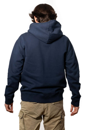 Sweat shirt basique homme coupe droite manche longue et bord-côte aux poignets et bas de corps capuche coton biologique certifié GOTS molleton bleu marine, bleu foncé