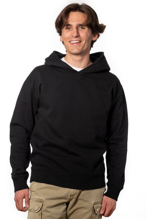 Sweat shirt basique homme coupe droite manche longue et bord-côte aux poignets et bas de corps capuche coton biologique certifié GOTS molleton noir charbon
