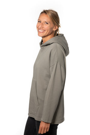 Sweat capuche femme coton bio certifié GOTS hoodie en molleton bio oversize vareuse gris kaki, gris, kaki, vert doux, gris vert