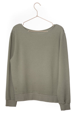 Pull femme manche longue col évasé ajusté en coton bio certifié GOTS gris kaki vert