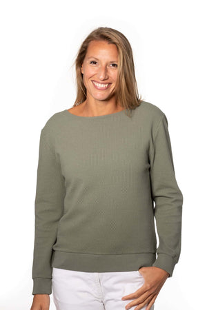 Pull femme manche longue col évasé ajusté en coton bio certifié GOTS gris kaki vert