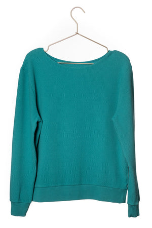 Pull femme manche longue col évasé ajusté en coton bio certifié GOTS vert émeraude, vert intense, vert lumineux, vert canard, vert bleu, vert vif, vert profond