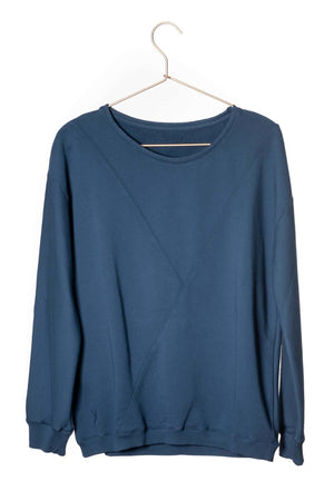 Pull sweat ajusté col rond pour femme en coton bio GOTS eco responsable marque suny bleu foncé bleu marine bleu soutenu