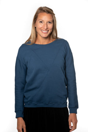 Pull sweat ajusté col rond pour femme en coton bio GOTS eco responsable marque suny bleu foncé bleu marine bleu soutenu