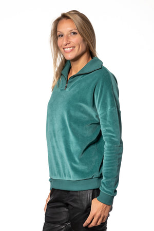 Suny pull camionneur col zippé montant femme velours lisse biologique GOTS vert pin