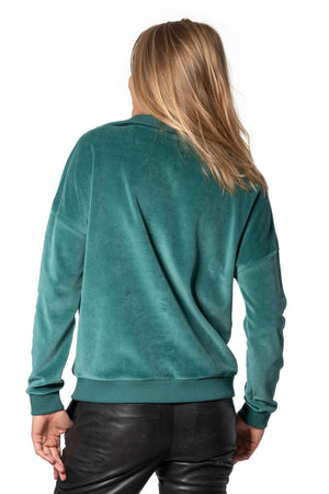 Suny pull camionneur col zippé montant femme velours lisse biologique GOTS vert pin