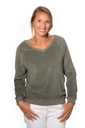 Sweat femme forme ajustée coton bio éco responsable et GOTS éponge bouclette col V gris kaki, gris, kaki, vert doux, gris vert