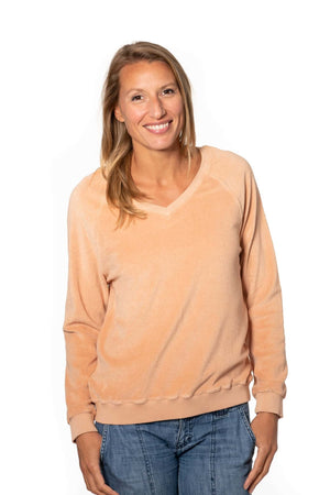 Sweat femme forme ajustée coton bio éco responsable et GOTS éponge bouclette col V rose des sables, rose doux, rose corail, rose brun, rose orange, vieux rose, rose ancien, rose beige, rose caramel