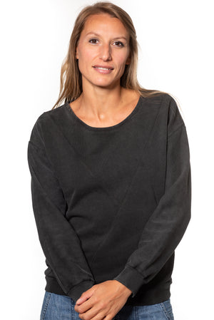 Pull sweat ajusté col rond pour femme en coton bio GOTS eco responsable marque suny noir vieillie fade out