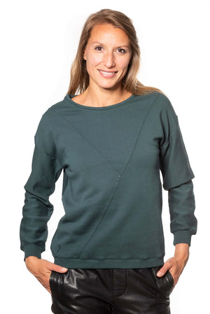 Pull sweat ajusté col rond pour femme en coton bio GOTS eco responsable marque suny de couleur vert foncé