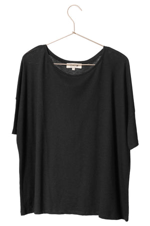 Tee shirt femme manche tombante au coude ample et oversize, en lin et coton upcyclé, col arrondi et évasé noir