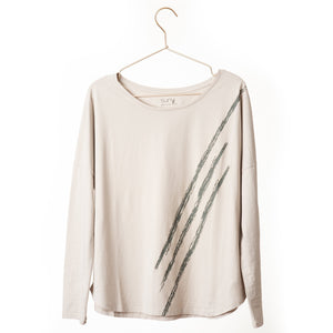 T shirt femme col rond evase manche longue coton bio souple forme oversize craie print graphique suny