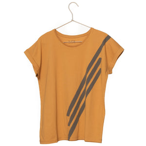 T shirt coton bio eco responsable femme col rond manche courte coupe loose jaune curry print graphique suny