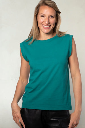 Tee shirt femme sans manche débardeur manche courte rock en coton jersey bio GOTS coupe droite, coupe ajustée, col rond vert émeraude, vert intense, vert lumineux, vert canard, vert bleu, vert vif, vert profond