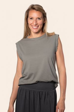 Tee shirt femme sans manche débardeur manche courte rock en coton jersey bio GOTS coupe droite, coupe ajustée, col rond gris kaki, gris, kaki, vert doux, gris vert