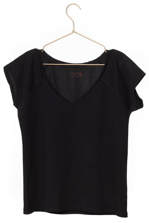 Tee shirt femme manche raglante courte, en coton bio GOTS éco responsable col V noir, charbon, noir intense