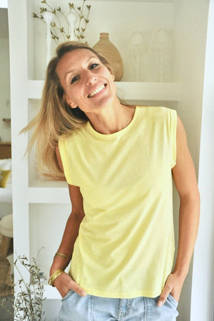 Débardeur suny femme lin et coton bio col rond coupe jaune, jaune clair, jaune d’or