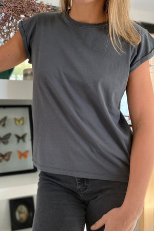 Tee shirt femme manche courte à revers forme droite ajustée col rond encolure ronde super Suny gris charbon anthracite gris foncé noir délavé en coton jersey bio GOTS et eco responsable
