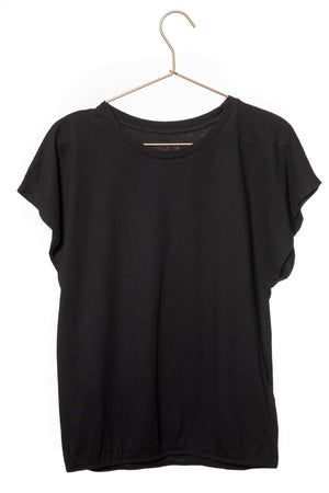 Tee shirt femme manche courte et volante forme droite, blousant et resserré en bas du corps coton bio GOTS, col rond noir, charbon, noir intense