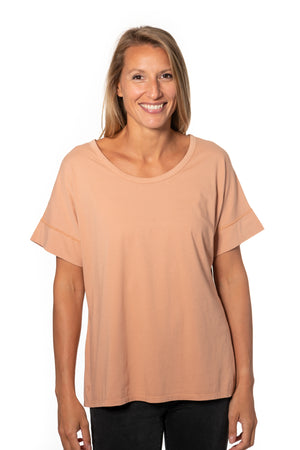 Tee shirt femme manche courte au coude ample et oversize, fente en bas de corps en coton bio GOTS, col arrondi et évasé rose des sables, rose doux, rose corail, rose brun, rose Thee