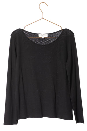 Tee shirt coton bio certifié GOTS col rond évasé manche longue pour femme matière ajourée noir gris foncé, charbon, anthracite,