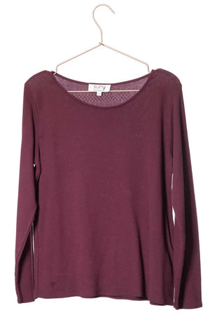 Tee shirt coton bio certifié GOTS col rond évasé manche longue pour femme matière ajourée violet