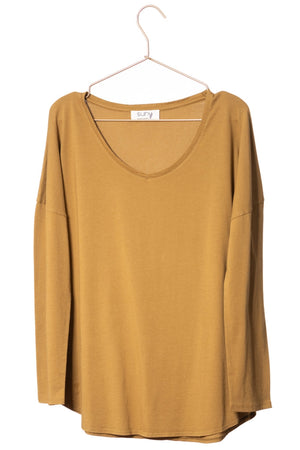 T shirt femme col V manche longue coton bio souple forme oversize HAVANE