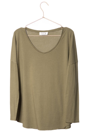 T shirt femme col V manche longue coton bio souple forme oversize KAKI mousse