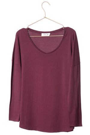 T shirt femme col V manche longue coton bio souple forme oversize prune